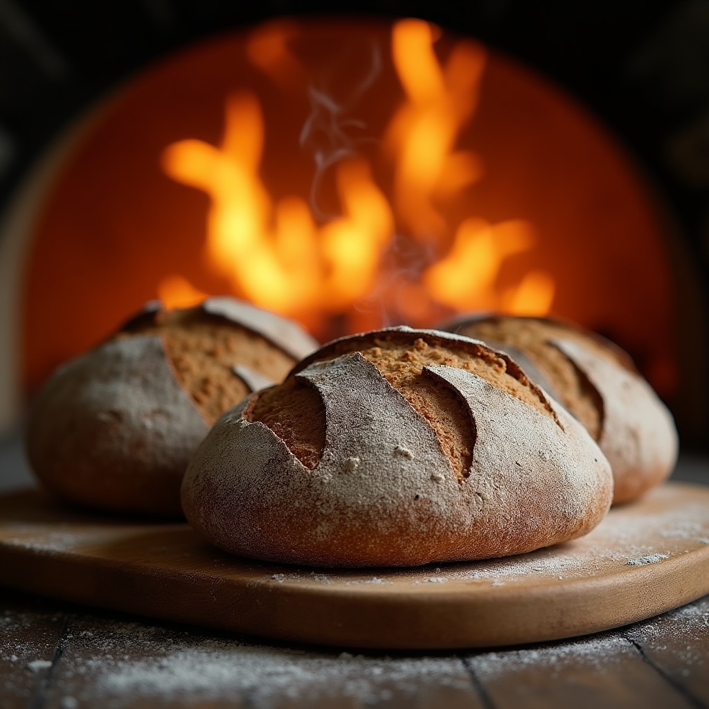 Pan de masa madre recién horneado en horno de leña artesanal