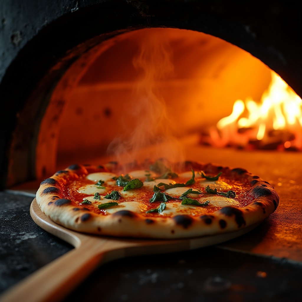 Pizza artesanal horneada en horno de barro tradicional al aire libre