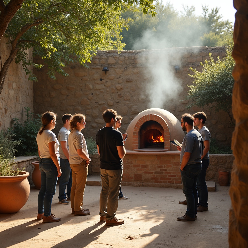 Grupo de participantes trabajando en la construcción de un horno de barro al aire libre
