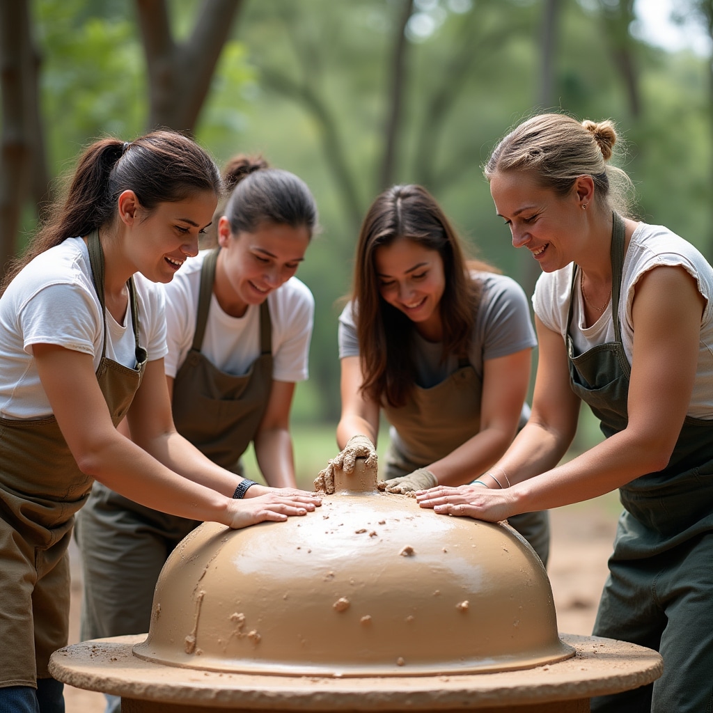 Participantes del taller trabajando en la construcción del horno de barro